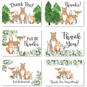 24 Woodland Thank You Cards With Envelopes, Kids or Baby Shower Thank You Note, Rustic Animal Deer or Fox, 4x6 Varied Gratitude Pack For Party, Birthday Boy or Girl Children, Appreciation Stationery