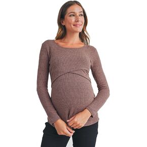Womens Ribbed Knit Long Sleeve Maternity Nursing Top with Round Neck