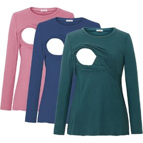 Bearsland Women's Maternity Nursing Tops Long Sleeve Breastfeeding Shirts 3 Pack