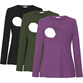 Bearsland Women's Maternity Nursing Tops Long Sleeve Breastfeeding Shirts 3 Pack