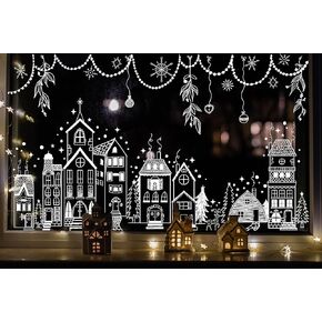 Christmas Window Clings, Xmas Window Stickers White House Snowflakes Ornament Window Decals for Winter Glass Christmas Window Decoration