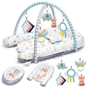Baby Gym Play Mat, Baby Lounger, 7-in-1 Tummy Time Activity Mat, Washable Newborn Nest, Portable Infant Floor Seat for Home & Travel, Baby Essentials Gift, Develops Visual & Hearing & Sensory & Motor