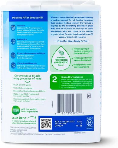 Happy Baby Organics Stage 2 Infant Formula, 6-12 Months, Milk Based Organic Baby Formula Powder with Iron, Probiotics & Prebiotics for Immune & Digestive Support, 22.9 Ounce (Pack of 1) in Saudi Arabia