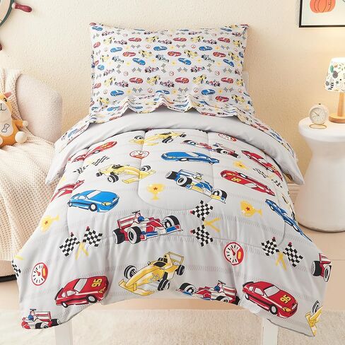Mooreeke 4 Pieces Toddler Bedding Set - Floral Cat Toddler Comforter Sets for Girls, Includes Comforter, Flat Sheet, Fitted Sheet and Pillowcase, Bed in A Bag for Baby Bedroom in Saudi Arabia