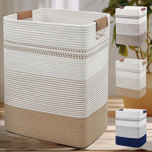 DOFASAYI Laundry Hamper - 85L Large Laundry Basket with Leather Handles, Decorative Storage Basket for Blankets - Clothes Hamper for Living Room, Bedroom, Jute & White in Saudi Arabia