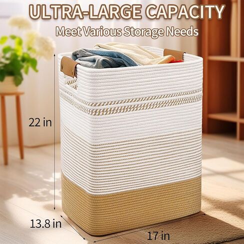 DOFASAYI Laundry Hamper - 85L Large Laundry Basket with Leather Handles, Decorative Storage Basket for Blankets - Clothes Hamper for Living Room, Bedroom, Jute & White in Saudi Arabia