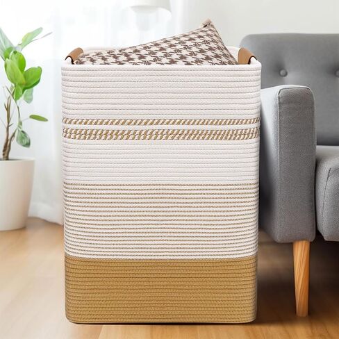 DOFASAYI Laundry Hamper - 85L Large Laundry Basket with Leather Handles, Decorative Storage Basket for Blankets - Clothes Hamper for Living Room, Bedroom, Jute & White in Saudi Arabia