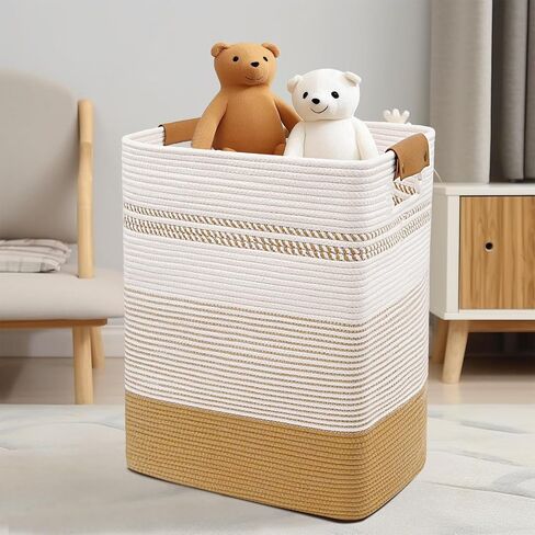 DOFASAYI Laundry Hamper - 85L Large Laundry Basket with Leather Handles, Decorative Storage Basket for Blankets - Clothes Hamper for Living Room, Bedroom, Jute & White in Saudi Arabia