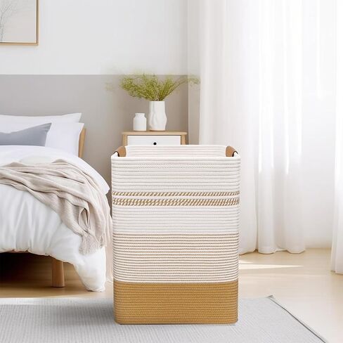 DOFASAYI Laundry Hamper - 85L Large Laundry Basket with Leather Handles, Decorative Storage Basket for Blankets - Clothes Hamper for Living Room, Bedroom, Jute & White in Saudi Arabia