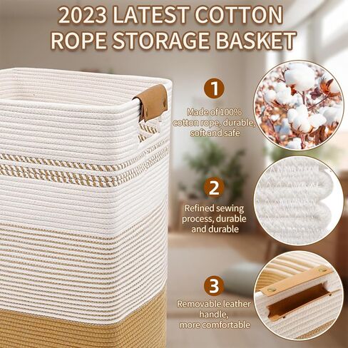 DOFASAYI Laundry Hamper - 85L Large Laundry Basket with Leather Handles, Decorative Storage Basket for Blankets - Clothes Hamper for Living Room, Bedroom, Jute & White in Saudi Arabia