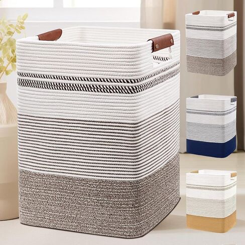 DOFASAYI Laundry Hamper - 85L Large Laundry Basket with Leather Handles, Decorative Storage Basket for Blankets - Clothes Hamper for Living Room, Bedroom, Jute & White in Saudi Arabia
