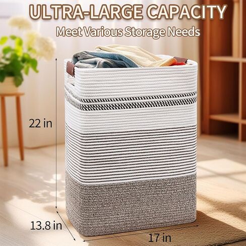 DOFASAYI Laundry Hamper - 85L Large Laundry Basket with Leather Handles, Decorative Storage Basket for Blankets - Clothes Hamper for Living Room, Bedroom, Jute & White in Saudi Arabia