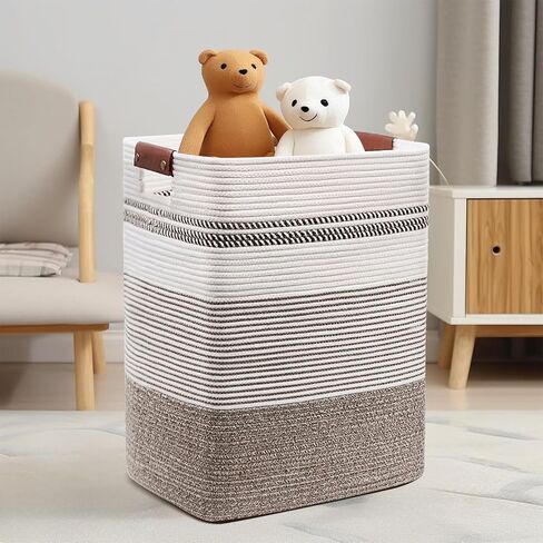 DOFASAYI Laundry Hamper - 85L Large Laundry Basket with Leather Handles, Decorative Storage Basket for Blankets - Clothes Hamper for Living Room, Bedroom, Jute & White in Saudi Arabia