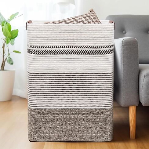 DOFASAYI Laundry Hamper - 85L Large Laundry Basket with Leather Handles, Decorative Storage Basket for Blankets - Clothes Hamper for Living Room, Bedroom, Jute & White in Saudi Arabia