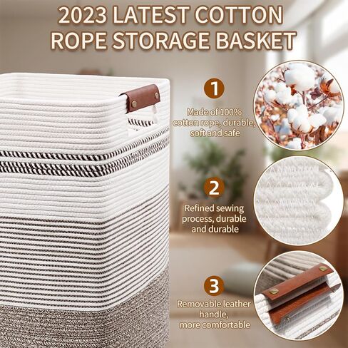 DOFASAYI Laundry Hamper - 85L Large Laundry Basket with Leather Handles, Decorative Storage Basket for Blankets - Clothes Hamper for Living Room, Bedroom, Jute & White in Saudi Arabia