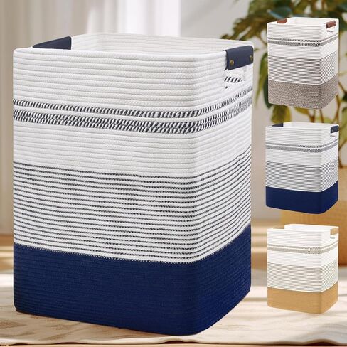 DOFASAYI Laundry Hamper - 85L Large Laundry Basket with Leather Handles, Decorative Storage Basket for Blankets - Clothes Hamper for Living Room, Bedroom, Jute & White in Saudi Arabia