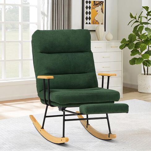Rocking Chair with Footrest-Glider Rocker Chair with Retractable Footrest and Adjustable Backrest, Teddy Upholstered Rocking Chair, Modern Accent Chair for Living Room/Nursery/Bedroom/Outdoor-Green in Kuwait