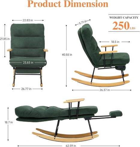 Rocking Chair with Footrest-Glider Rocker Chair with Retractable Footrest and Adjustable Backrest, Teddy Upholstered Rocking Chair, Modern Accent Chair for Living Room/Nursery/Bedroom/Outdoor-Green in Kuwait