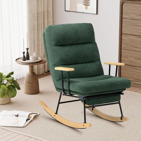 Rocking Chair with Footrest-Glider Rocker Chair with Retractable Footrest and Adjustable Backrest, Teddy Upholstered Rocking Chair, Modern Accent Chair for Living Room/Nursery/Bedroom/Outdoor-Green in Kuwait