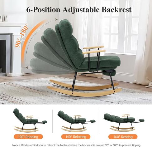 Rocking Chair with Footrest-Glider Rocker Chair with Retractable Footrest and Adjustable Backrest, Teddy Upholstered Rocking Chair, Modern Accent Chair for Living Room/Nursery/Bedroom/Outdoor-Green in Kuwait