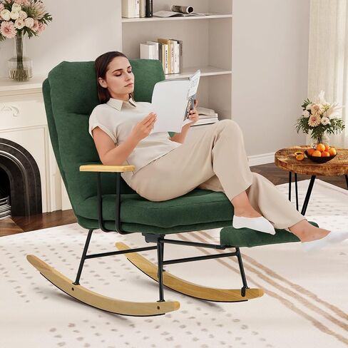 Rocking Chair with Footrest-Glider Rocker Chair with Retractable Footrest and Adjustable Backrest, Teddy Upholstered Rocking Chair, Modern Accent Chair for Living Room/Nursery/Bedroom/Outdoor-Green in Kuwait