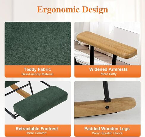 Rocking Chair with Footrest-Glider Rocker Chair with Retractable Footrest and Adjustable Backrest, Teddy Upholstered Rocking Chair, Modern Accent Chair for Living Room/Nursery/Bedroom/Outdoor-Green in Kuwait