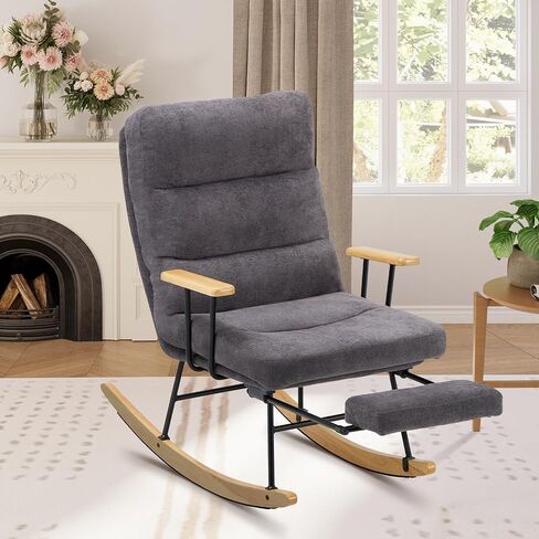 Rocking Chair with Footrest-Glider Rocker Chair with Retractable Footrest and Adjustable Backrest, Teddy Upholstered Rocking Chair, Modern Accent Chair for Living Room/Nursery/Bedroom/Outdoor-Green in Kuwait