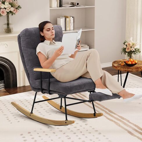 Rocking Chair with Footrest-Glider Rocker Chair with Retractable Footrest and Adjustable Backrest, Teddy Upholstered Rocking Chair, Modern Accent Chair for Living Room/Nursery/Bedroom/Outdoor-Green in Kuwait