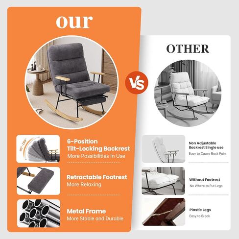 Rocking Chair with Footrest-Glider Rocker Chair with Retractable Footrest and Adjustable Backrest, Teddy Upholstered Rocking Chair, Modern Accent Chair for Living Room/Nursery/Bedroom/Outdoor-Green in Kuwait
