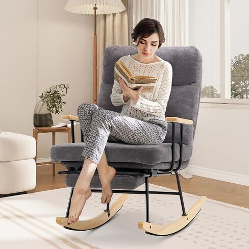 Rocking Chair with Footrest-Glider Rocker Chair with Retractable Footrest and Adjustable Backrest, Teddy Upholstered Rocking Chair, Modern Accent Chair for Living Room/Nursery/Bedroom/Outdoor-Green in Kuwait