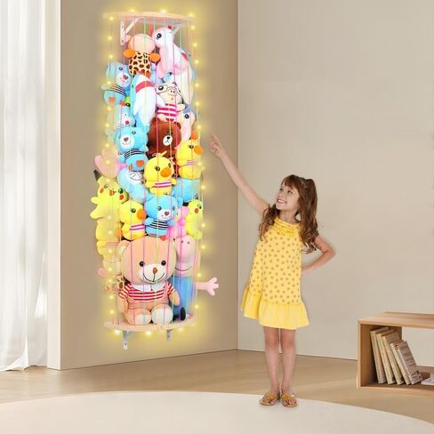 Stuffed Animal Storage Wood Soft Toy Storage for Kids Room,Wall Mount Door Hanging Stuffed Animal Toy Organizer Shelf for Nursery Play Room White with LED Coil -Light Rainbow Three-layered Sector in Saudi Arabia