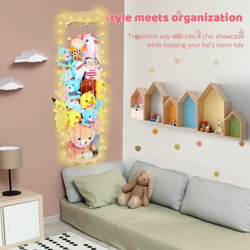 Stuffed Animal Storage Wood Soft Toy Storage for Kids Room,Wall Mount Door Hanging Stuffed Animal Toy Organizer Shelf for Nursery Play Room White with LED Coil -Light Rainbow Three-layered Sector in Saudi Arabia