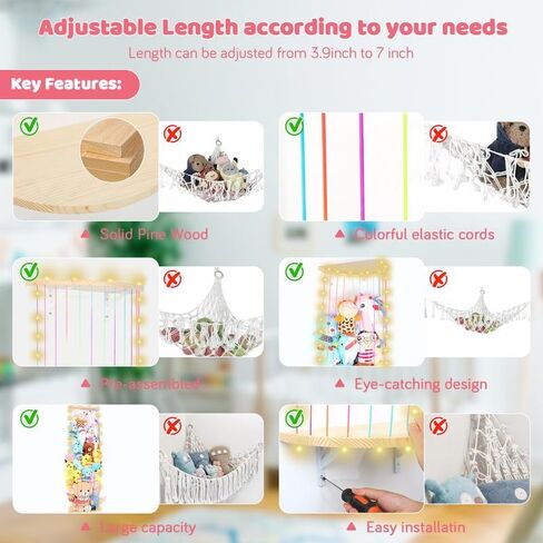 Stuffed Animal Storage Wood Soft Toy Storage for Kids Room,Wall Mount Door Hanging Stuffed Animal Toy Organizer Shelf for Nursery Play Room White with LED Coil -Light Rainbow Three-layered Sector in Saudi Arabia