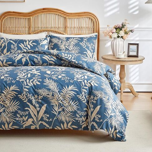 Botanical Duvet Cover Set Twin Size, 2 Pieces Blue Floral Leaf Pattern Bedding Set with 1 Pillow Sham, Farmhouse Style Soft Microfiber Comforter Cover Set for All Season Use in Saudi Arabia