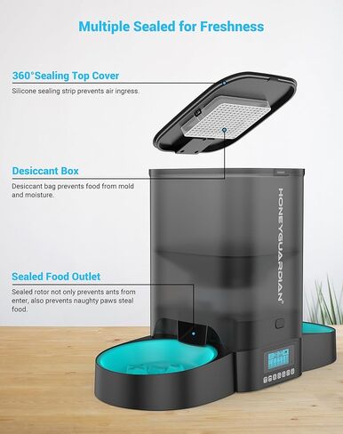 جهاز تغذية أوتوماتيكي للقطط سعة 3.5 لتر من HoneyGuaridan لقطتين، جهاز تغذية ذكي للحيوانات الأليفة مزود بتقنية WiFi 2.4 جيجا بايت مع وعاء من الفولاذ المقاوم للصدأ، وموزع للتحكم في التطبيق، ومصدر طاقة مزدوج، وحقيبة تجفيف باللون الأسود in Kuwait