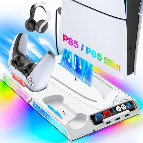 محطة تبريد PS5 Slim/PS5 مع سرعة مروحة تلقائية عن طريق التحكم في درجة الحرارة، محطة إرساء عمودية لـ PS5 مع مروحة تبريد بأربعة مستويات وRGB، ملحقات PS5 مع شاحن وحدة تحكم للأصل/الحافة و3 محاور USB in Kuwait