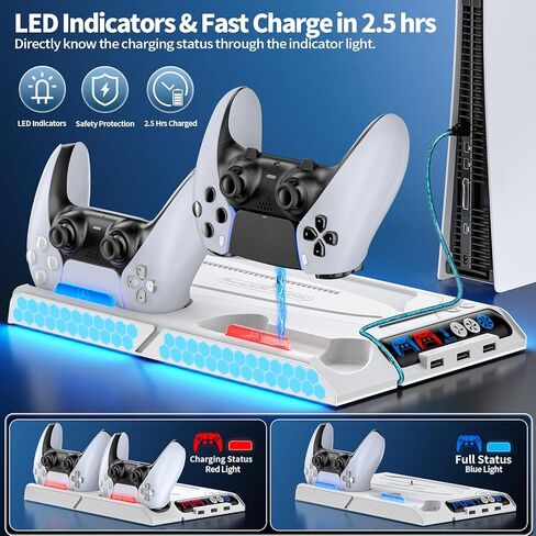 محطة تبريد PS5 Slim/PS5 مع سرعة مروحة تلقائية عن طريق التحكم في درجة الحرارة، محطة إرساء عمودية لـ PS5 مع مروحة تبريد بأربعة مستويات وRGB، ملحقات PS5 مع شاحن وحدة تحكم للأصل/الحافة و3 محاور USB in Kuwait