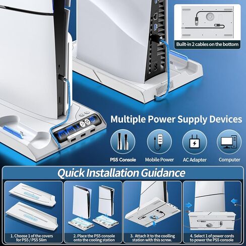 محطة تبريد PS5 Slim/PS5 مع سرعة مروحة تلقائية عن طريق التحكم في درجة الحرارة، محطة إرساء عمودية لـ PS5 مع مروحة تبريد بأربعة مستويات وRGB، ملحقات PS5 مع شاحن وحدة تحكم للأصل/الحافة و3 محاور USB in Kuwait