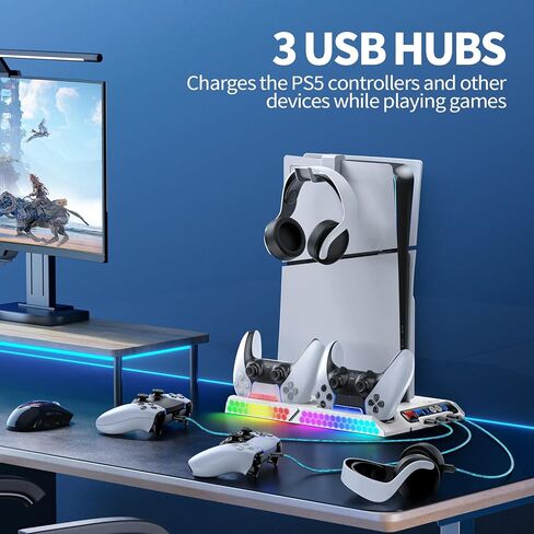 محطة تبريد PS5 Slim/PS5 مع سرعة مروحة تلقائية عن طريق التحكم في درجة الحرارة، محطة إرساء عمودية لـ PS5 مع مروحة تبريد بأربعة مستويات وRGB، ملحقات PS5 مع شاحن وحدة تحكم للأصل/الحافة و3 محاور USB in Kuwait