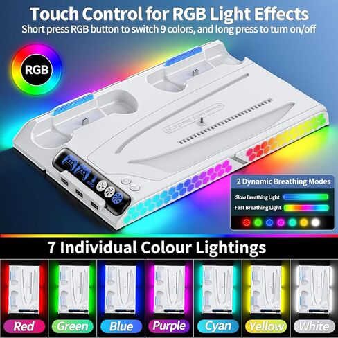 محطة تبريد PS5 Slim/PS5 مع سرعة مروحة تلقائية عن طريق التحكم في درجة الحرارة، محطة إرساء عمودية لـ PS5 مع مروحة تبريد بأربعة مستويات وRGB، ملحقات PS5 مع شاحن وحدة تحكم للأصل/الحافة و3 محاور USB in Kuwait