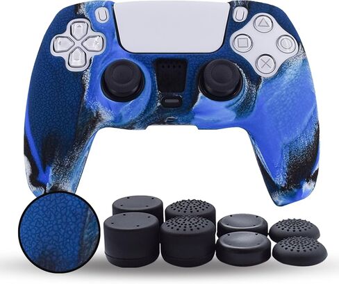 مقابض متوافقة مع غلاف وحدة تحكم PS5، مقابض سيليكون لوحدة تحكم PlayStation 5 غطاء حماية مضاد للانزلاق لجهاز تحكم PS5 - مع 8 قطع من مقابض الإبهام الاحترافية - CamouBlue in Kuwait