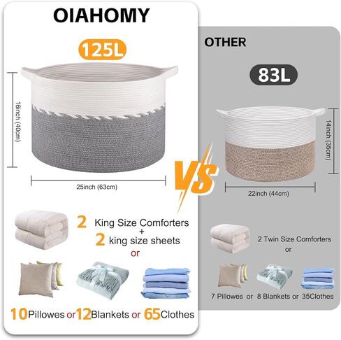 OIAHOMY 125L Extra Large Blanket Basket, 25" x 16", Jumbo Laundry Hamper, Cotton Rope Basket with Handles for Living Room,Baby Toy Storage Bins, Brown in Saudi Arabia