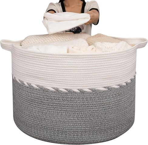 OIAHOMY 125L Extra Large Blanket Basket, 25" x 16", Jumbo Laundry Hamper, Cotton Rope Basket with Handles for Living Room,Baby Toy Storage Bins, Brown in Saudi Arabia