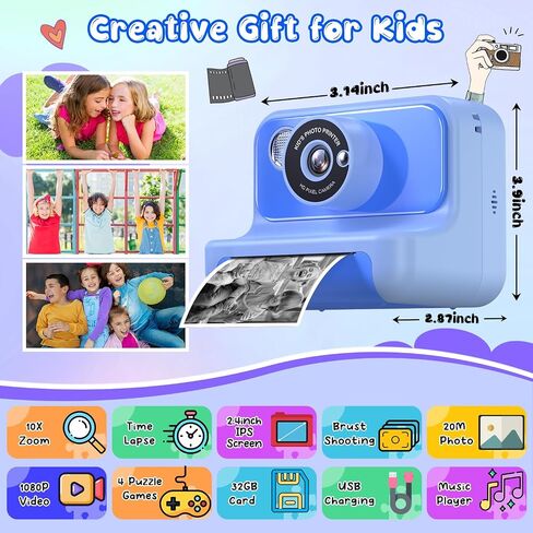 Kids Camera Instant Print, Christmas Birthday Gifts for Girls and Boys, Kids Camera 1080P HD Video Digital Camera, Toddler Toy for 3-12 Years Old, Black in Kuwait