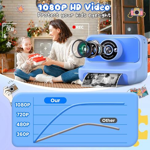 Kids Camera Instant Print, Christmas Birthday Gifts for Girls and Boys, Kids Camera 1080P HD Video Digital Camera, Toddler Toy for 3-12 Years Old, Black in Kuwait