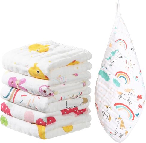 Muslin Burp Cloths 100% Cotton 20''x10'' Hand Washcloths for Baby, Super Soft and Absorbent 6 Layers Baby Burping Cloth for Boys Girls (Rainbow & Animals, 6 Pack) in Saudi Arabia
