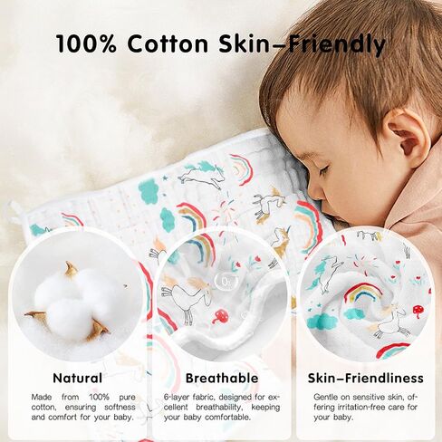 Muslin Burp Cloths 100% Cotton 20''x10'' Hand Washcloths for Baby, Super Soft and Absorbent 6 Layers Baby Burping Cloth for Boys Girls (Rainbow & Animals, 6 Pack) in Saudi Arabia