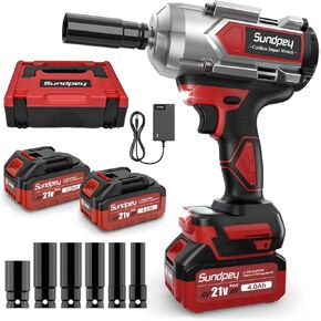 Sundpey Cordless Impact Wrench 900Ft·lbs(1200N·m) - 1/2 Inch Brushless Impact Driver with 2 * 4.0Ah Battery - 21V 2600RPM High Torque Impact Gun for Car Truck with Fast Charger & 6 Sockets & Case