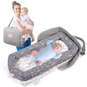Baby Lounger Diaper Bag for Newborn: Portable Foldable Travel Nest Bed for Infants Toddler 0-12 Months 100% Cotton Breathable - Indoor & Outdoor Use (Plant-Grey Baby Lounger nest)