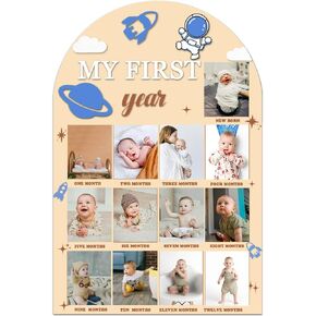 My First Year Wooden Photo Board Outer Space Birthday Party Decorations 12 Months Milestone Photo Board Baby’s First Year Picture Frame for Space Themd 1st Birthday Baby Shower Party Decorations